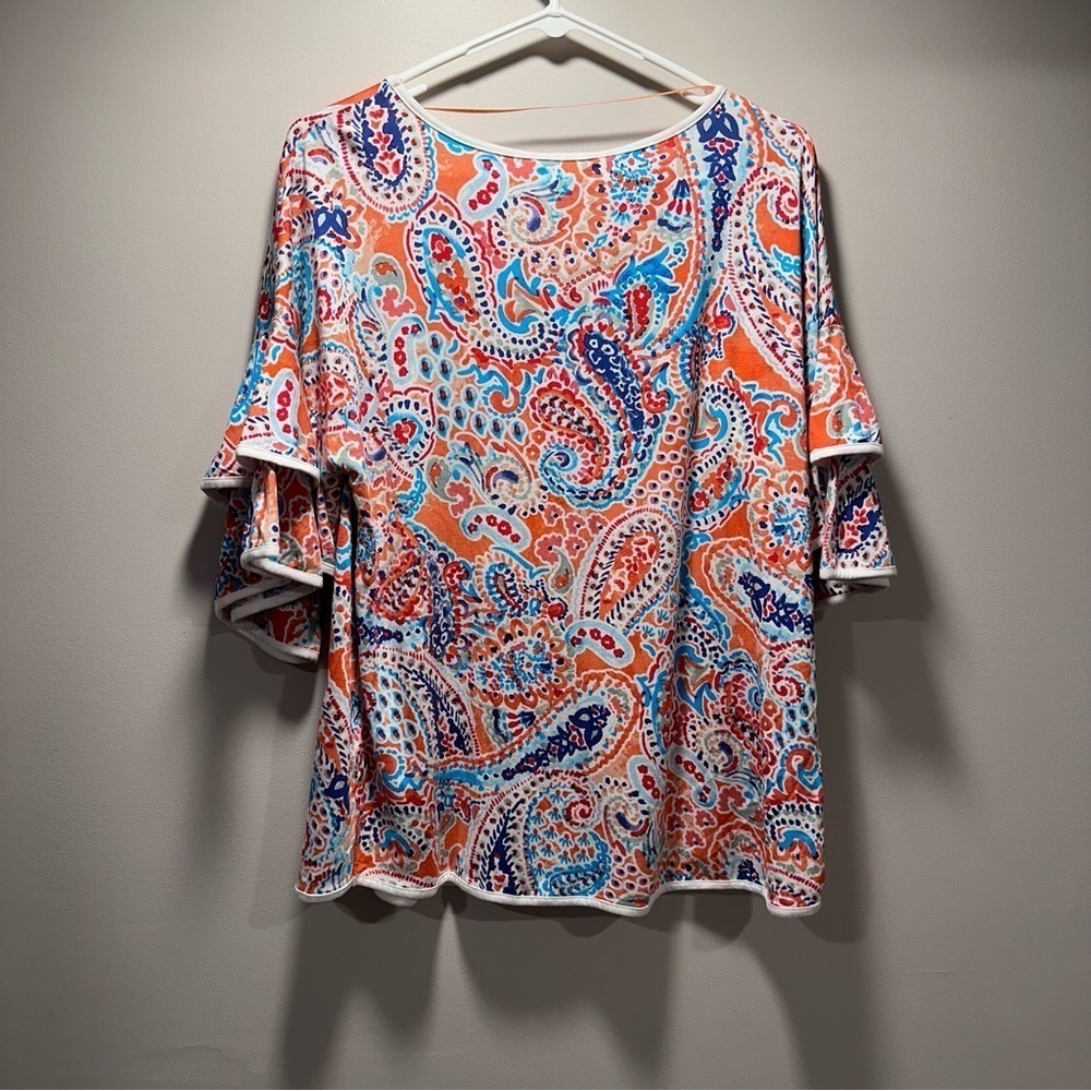Cable & Gauge 3/4 Ruffle Bell Short Sleeve Blouse Paisley White Hem Large NWT - Picture 7 of 15